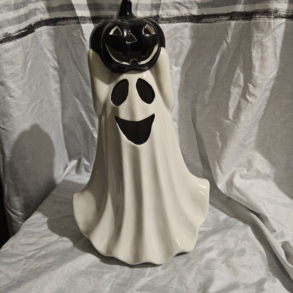 Ceramic Ghost Pumpkin Halloween Decor Black White Jack O Lantern Figure